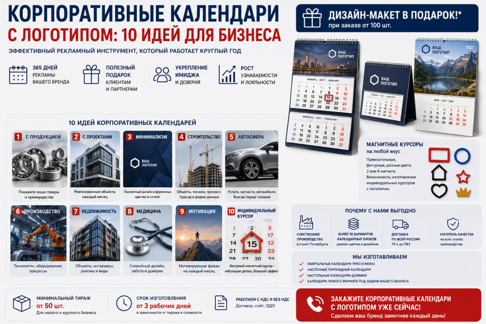 Корпоративные календари с логотипом: 10 идей для бизнеса